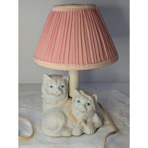 Adorable Vintage Ribbon Kittens Ceramic Lamp w/ Original Pink Shade
